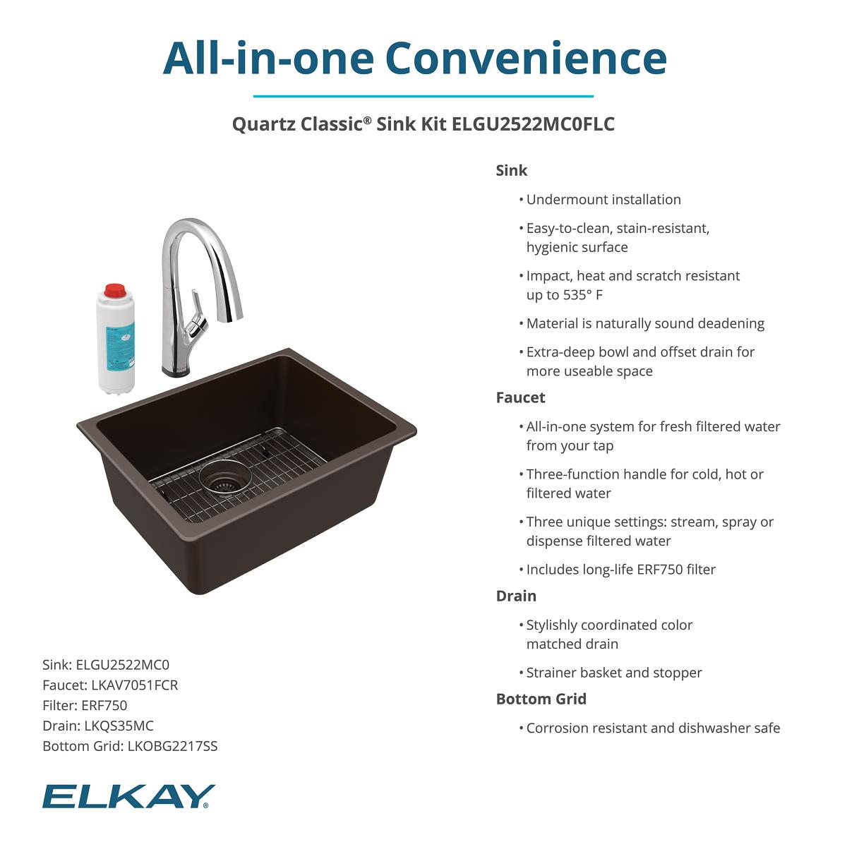 Elkay Quartz Classic 25" Undermount Quartz Kitchen Sink Kit with Faucet, Single Bowl Mocha, ELGU2522MC0FLC