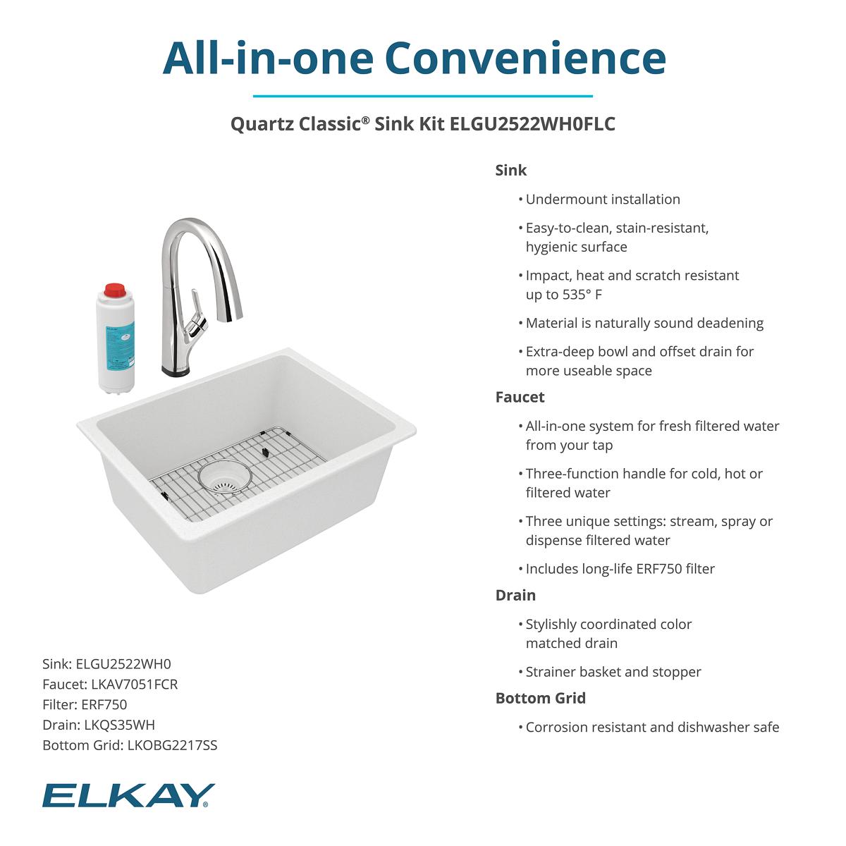 Elkay Quartz Classic 25" Undermount Quartz Kitchen Sink Kit with Faucet, Single Bowl White, ELGU2522WH0FLC