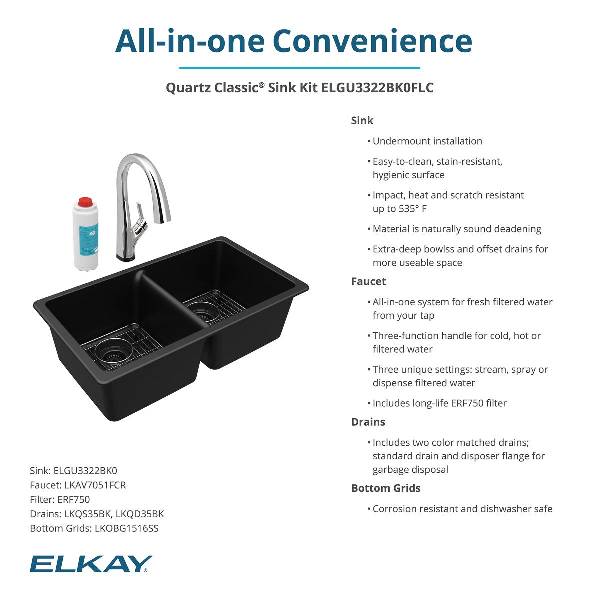 Elkay Quartz Classic 33" Undermount Quartz Kitchen Sink Kit with Faucet, 50/50 Double Bowl, Black, ELGU3322BK0FLC