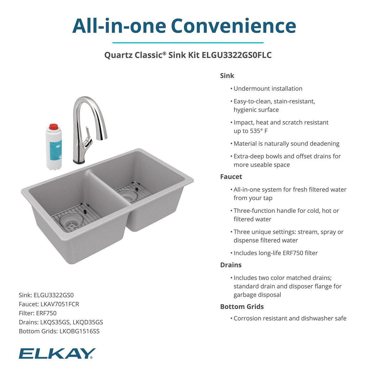 Elkay Quartz Classic 33" Undermount Quartz Kitchen Sink Kit with Faucet, 50/50 Double Bowl, Greystone, ELGU3322GS0FLC