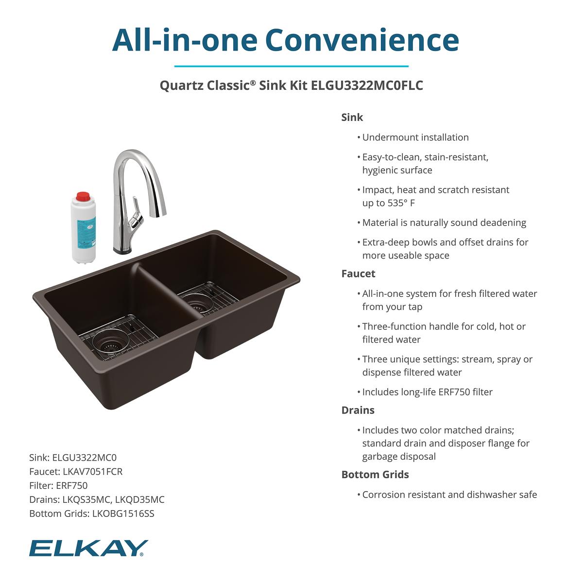 Elkay Quartz Classic 33" Undermount Quartz Kitchen Sink Kit with Faucet, 50/50 Double Bowl, Mocha, ELGU3322MC0FLC