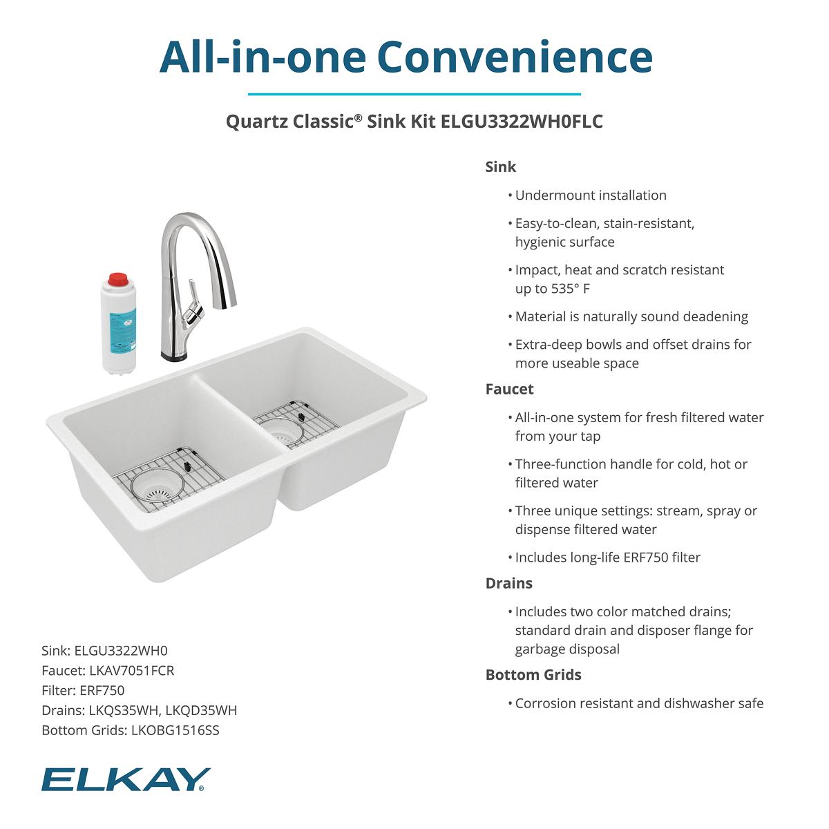 Elkay Quartz Classic 33" Undermount Quartz Kitchen Sink Kit with Faucet, 50/50 Double Bowl, White, ELGU3322WH0FLC