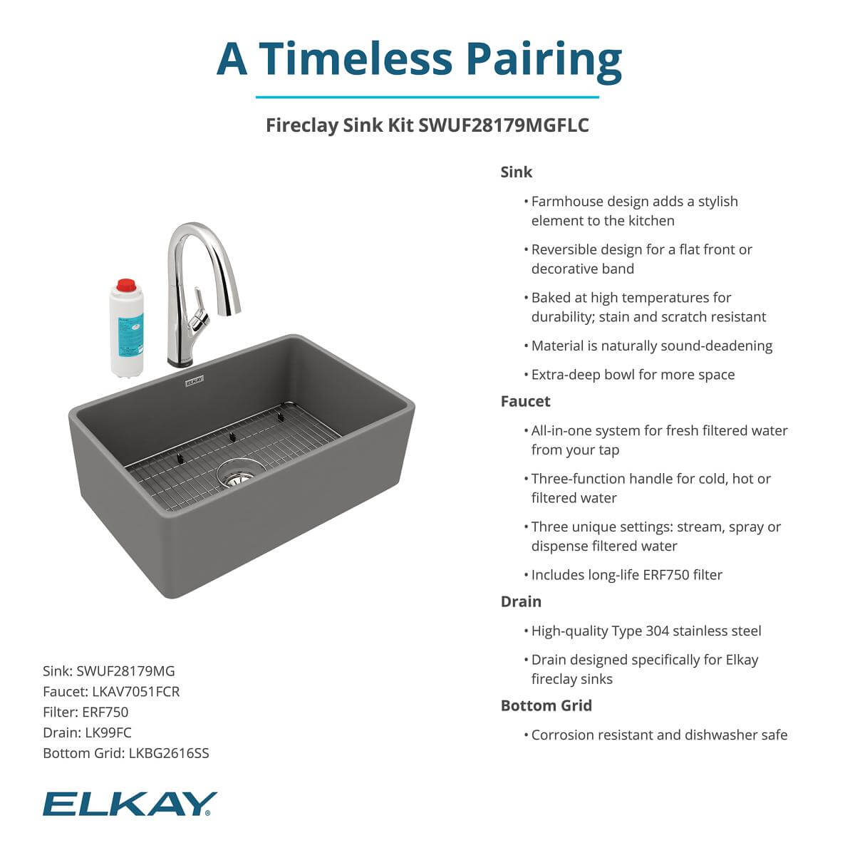 Elkay 30" Fireclay Farmhouse Sink Kit with Faucet, Single Bowl Matte Gray, SWUF28179MGFLC