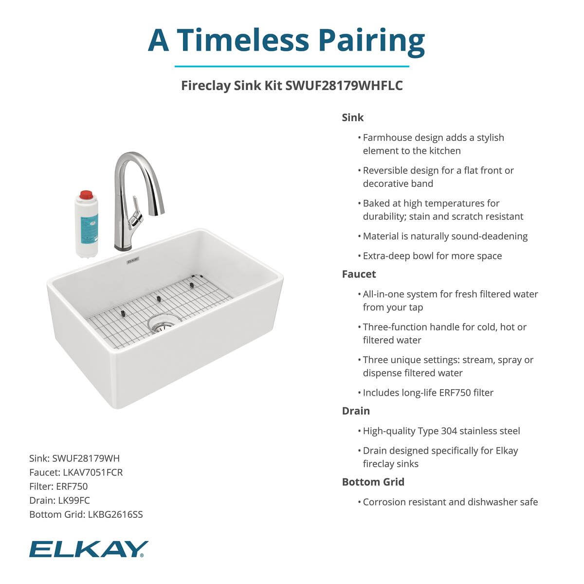 Elkay 30" Fireclay Farmhouse Sink Kit with Faucet, Single Bowl White, SWUF28179WHFLC