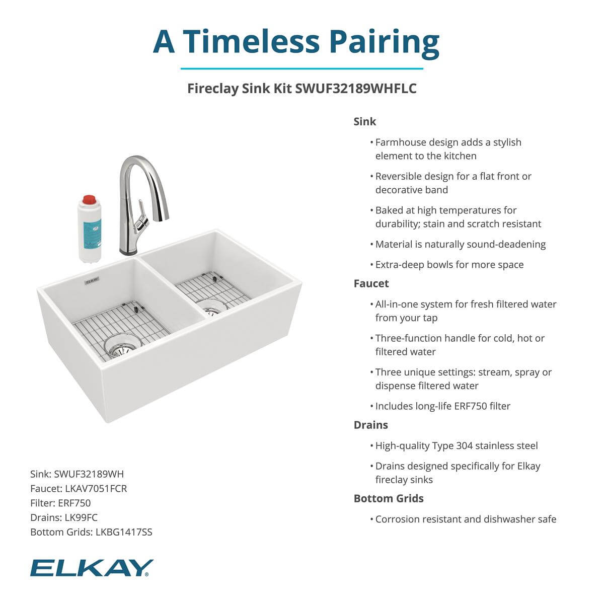 Elkay 33" Fireclay Farmhouse Sink Kit with Faucet, 50/50 Double Bowl, White, SWUF32189WHFLC