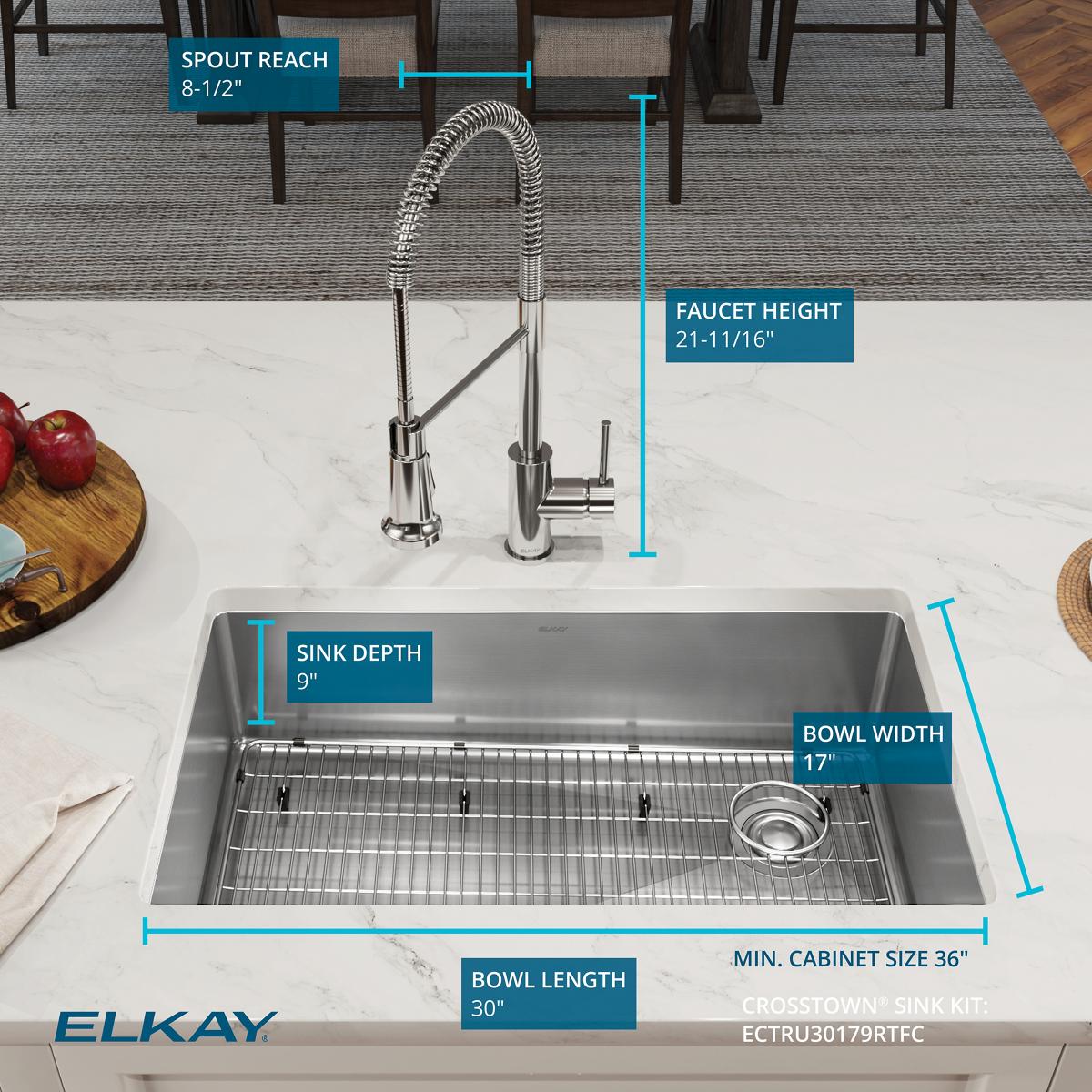 Elkay Crosstown 32" Undermount Stainless Steel Kitchen Sink Kit with Faucet, Polished Satin, 1 Faucet Hole, ECTRU30179RTFC