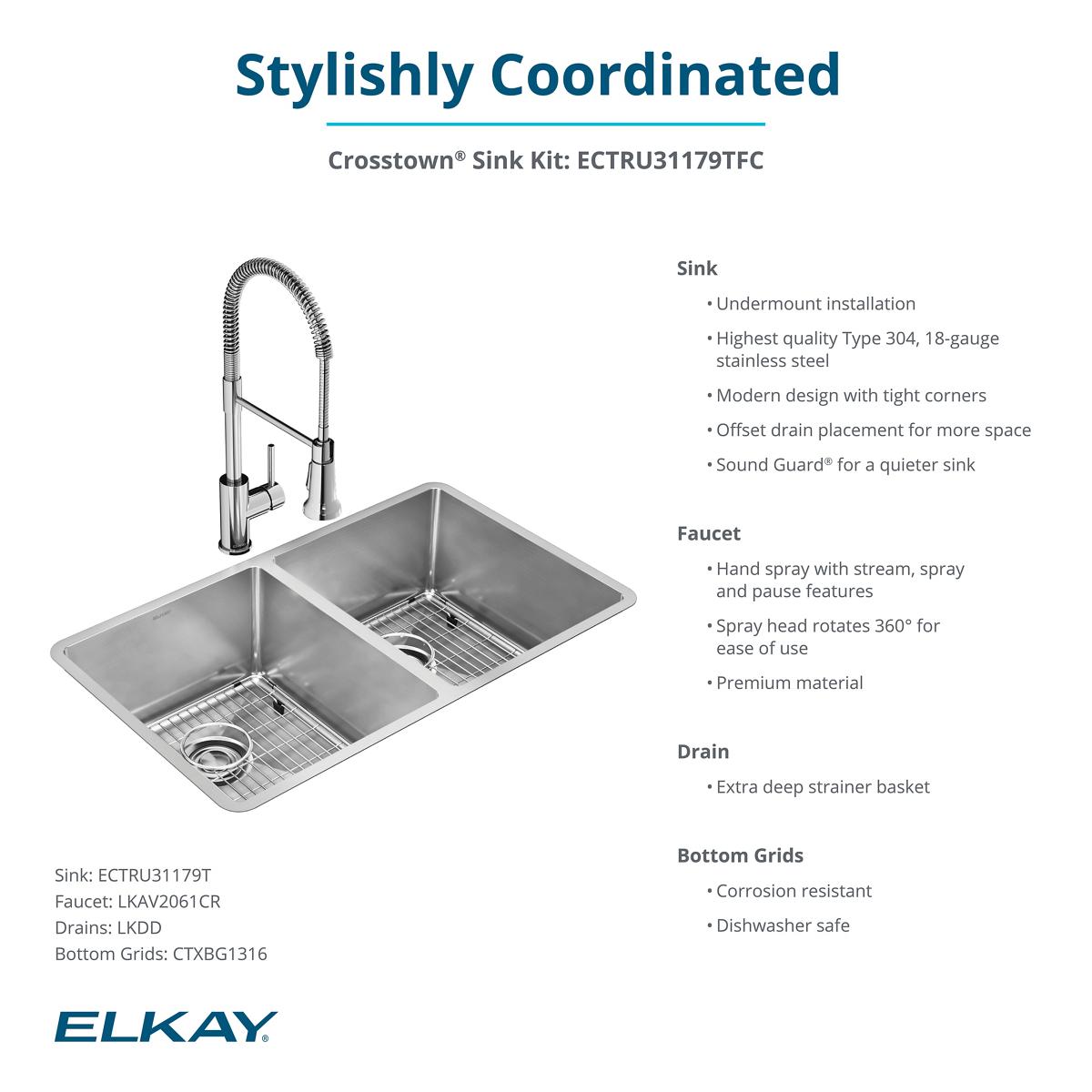 Elkay Crosstown 32" Undermount Stainless Steel Kitchen Sink Kit with Faucet, 50/50 Double Bowl, Polished Satin, 1 Faucet Hole, ECTRU31179TFC