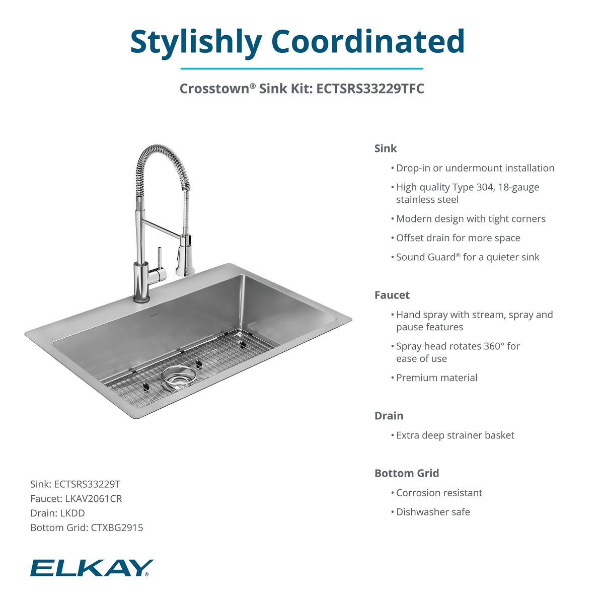 Elkay Crosstown 33" Dual Mount Stainless Steel Kitchen Sink Kit with Faucet, Polished Satin, 1 Faucet Hole, ECTSRS33229TFC