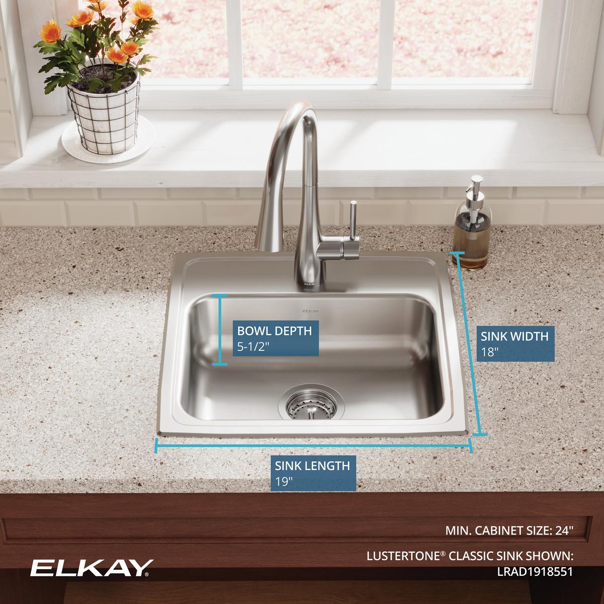 Elkay Lustertone Classic 19" Drop In/Topmount Stainless Steel ADA Kitchen Sink, Single Bowl, Lustrous Satin, 1 Faucet Hole, LRAD1918551