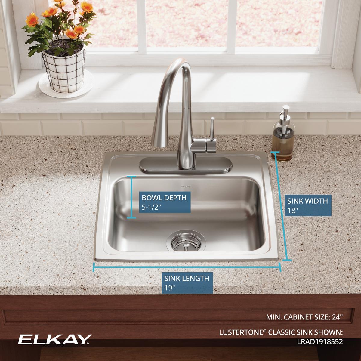 Elkay Lustertone Classic 19" Drop In/Topmount Stainless Steel ADA Kitchen Sink, Single Bowl, Lustrous Satin, 2 Faucet Holes, LRAD1918552