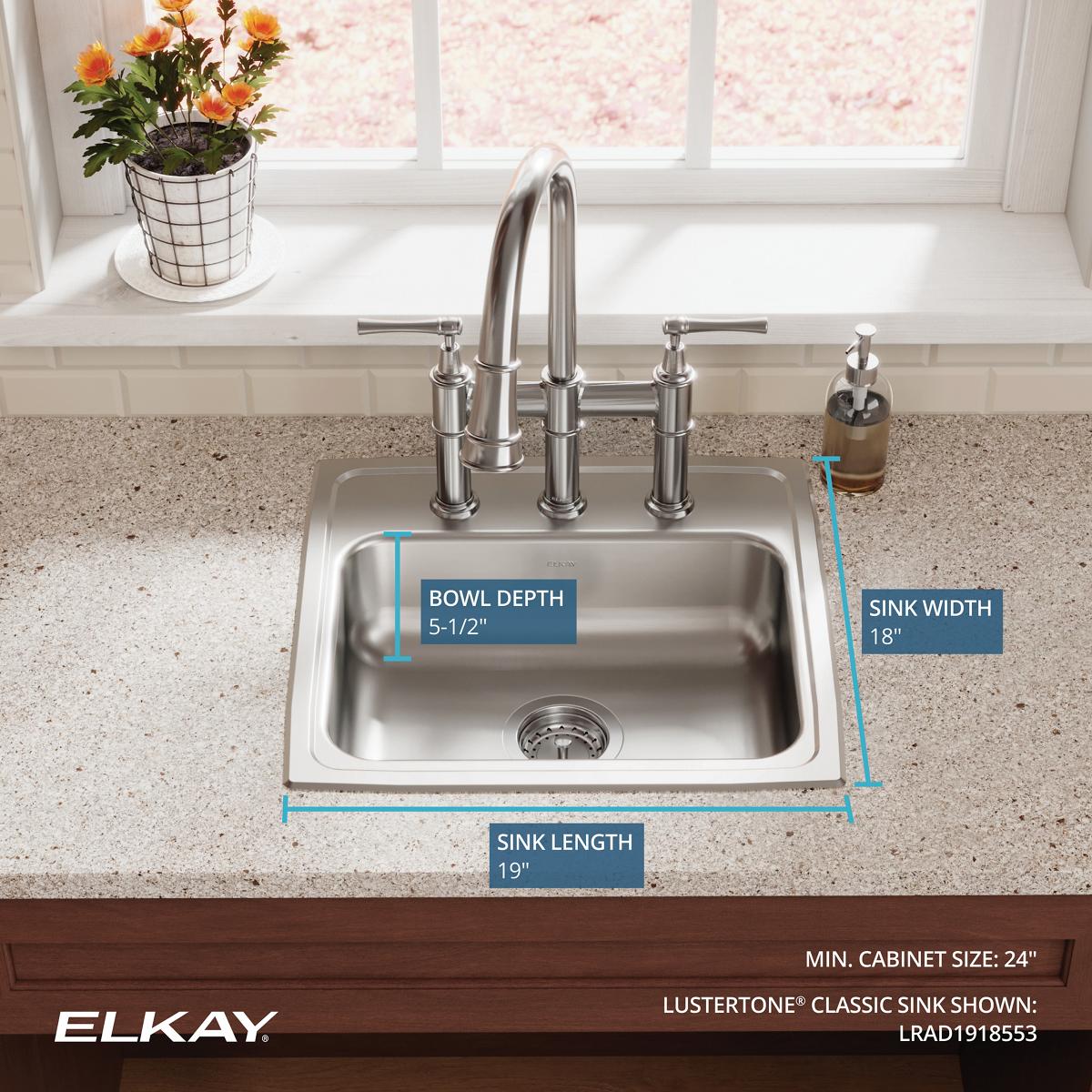 Elkay Lustertone Classic 19" Drop In/Topmount Stainless Steel ADA Kitchen Sink, Single Bowl, Lustrous Satin, 3 Faucet Holes, LRAD1918553