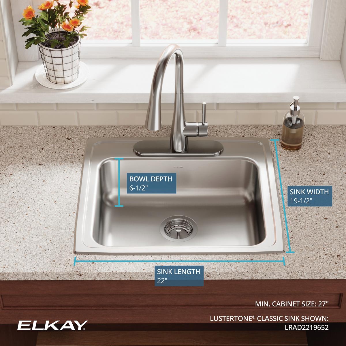 Elkay Lustertone Classic 22" Drop In/Topmount Stainless Steel ADA Kitchen Sink, Lustrous Satin, 2 Faucet Holes, LRAD2219652