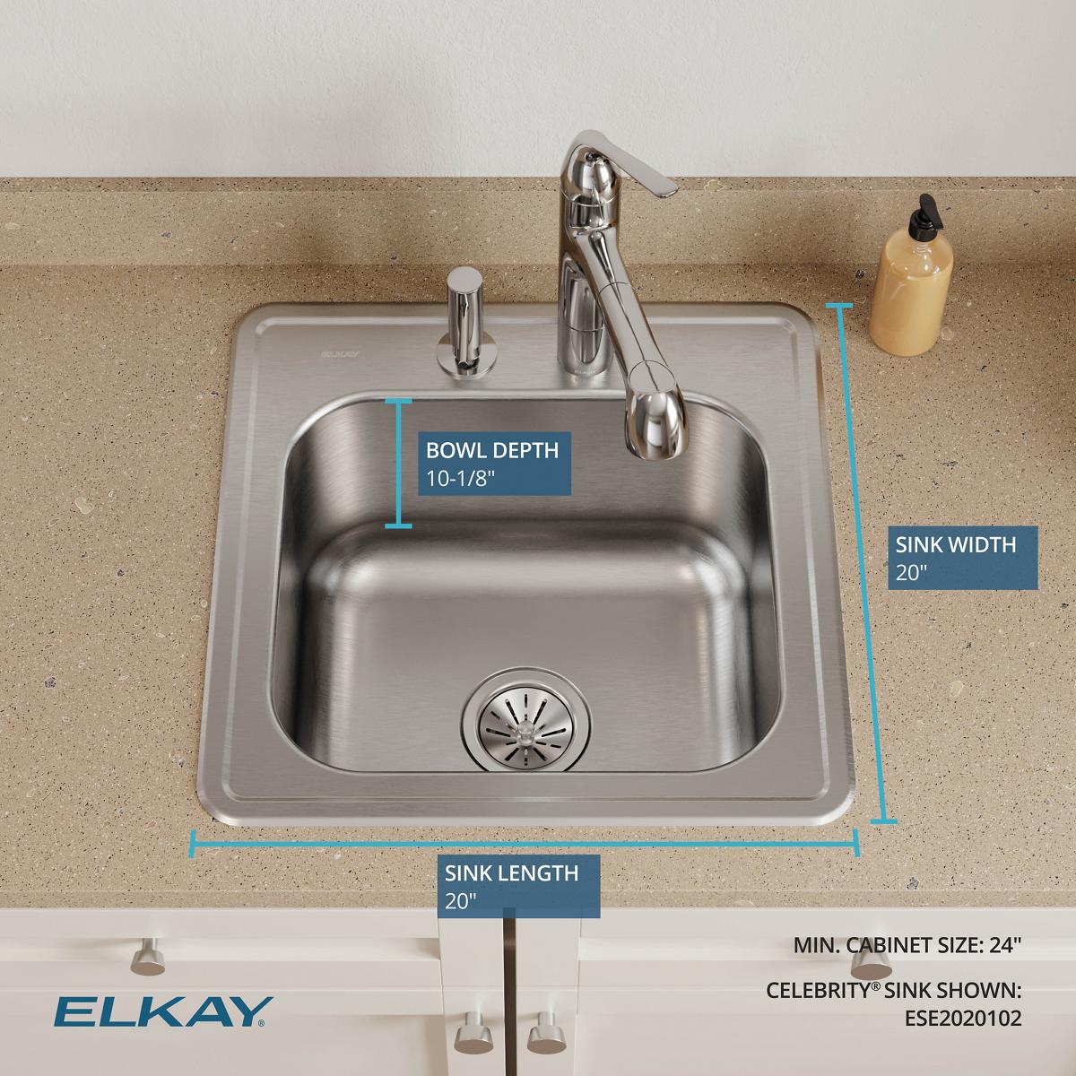 Elkay Celebrity 20" Drop In/Topmount Stainless Steel Laundry/Utility Sink, Brushed Satin, 2 Faucet Holes, ESE2020102