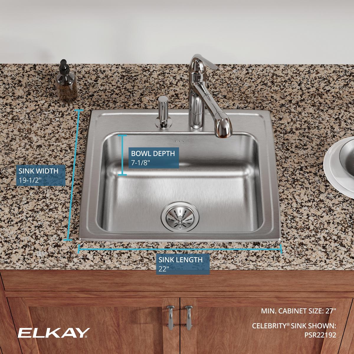 Elkay Celebrity 22" Drop In/Topmount Stainless Steel Kitchen Sink, Brushed Satin, 2 Faucet Holes, PSR22192