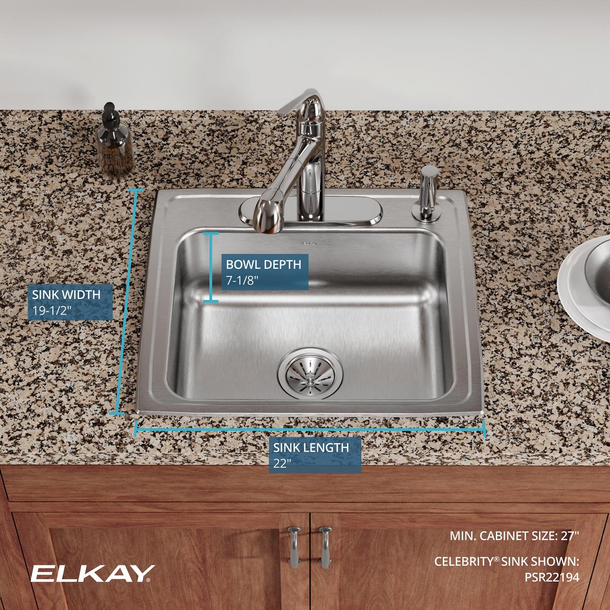 Elkay Celebrity 22" Drop In/Topmount Stainless Steel Kitchen Sink, Brushed Satin, 4 Faucet Holes, PSR22194
