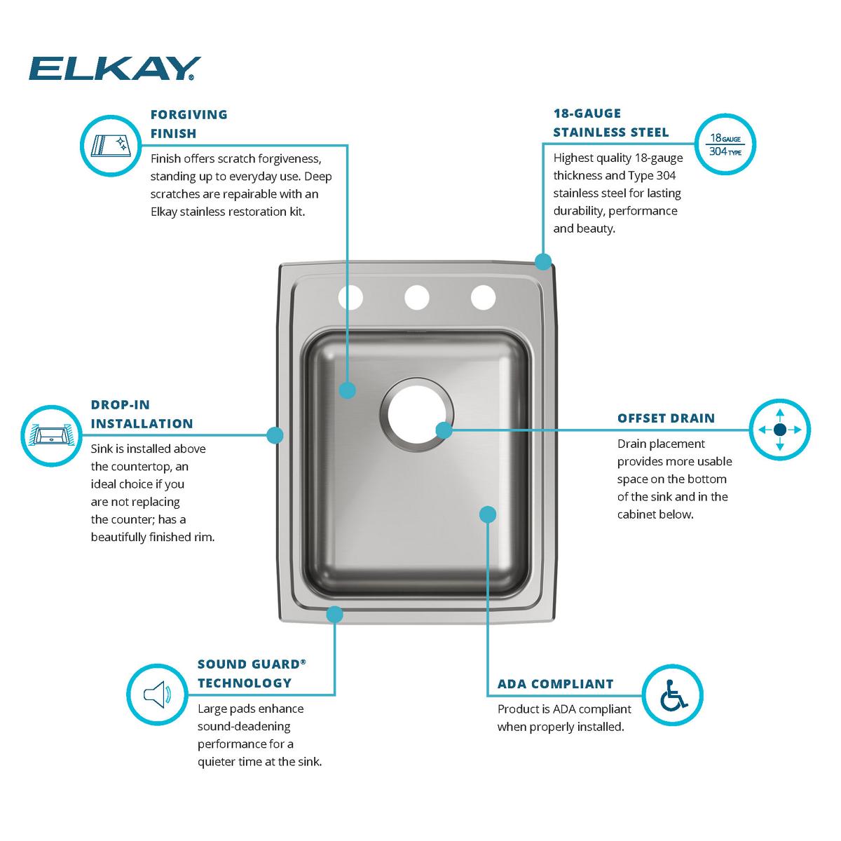 Elkay Lustertone Classic 17" Drop In/Topmount Stainless Steel ADA Kitchen Sink, Lustrous Satin, 3 Faucet Holes, LRAD1722553