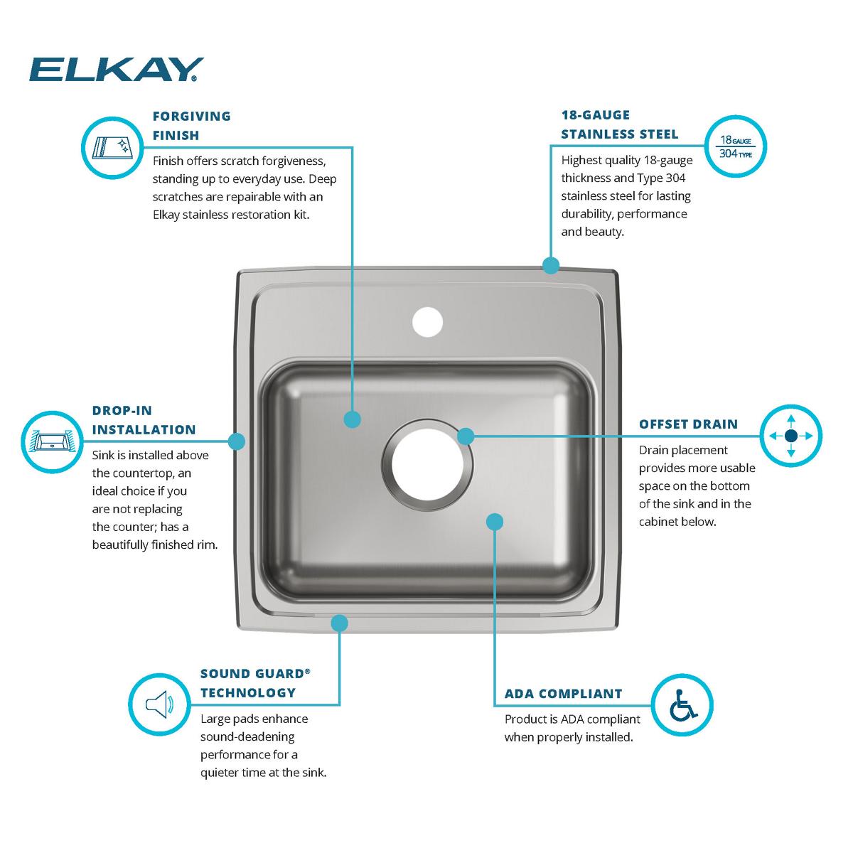 Elkay Lustertone Classic 19" Drop In/Topmount Stainless Steel ADA Kitchen Sink, Single Bowl, Lustrous Satin, 1 Faucet Hole, LRAD1918551