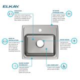 Elkay Lustertone Classic 19" Drop In/Topmount Stainless Steel ADA Kitchen Sink, Lustrous Satin, 1 Faucet Hole, LRAD1918551