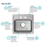 Elkay Lustertone Classic 19" Drop In/Topmount Stainless Steel ADA Kitchen Sink, Lustrous Satin, 2 Faucet Holes, LRAD1918552