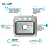 Elkay Lustertone Classic 19" Drop In/Topmount Stainless Steel ADA Kitchen Sink, Lustrous Satin, 3 Faucet Holes, LRAD1918553