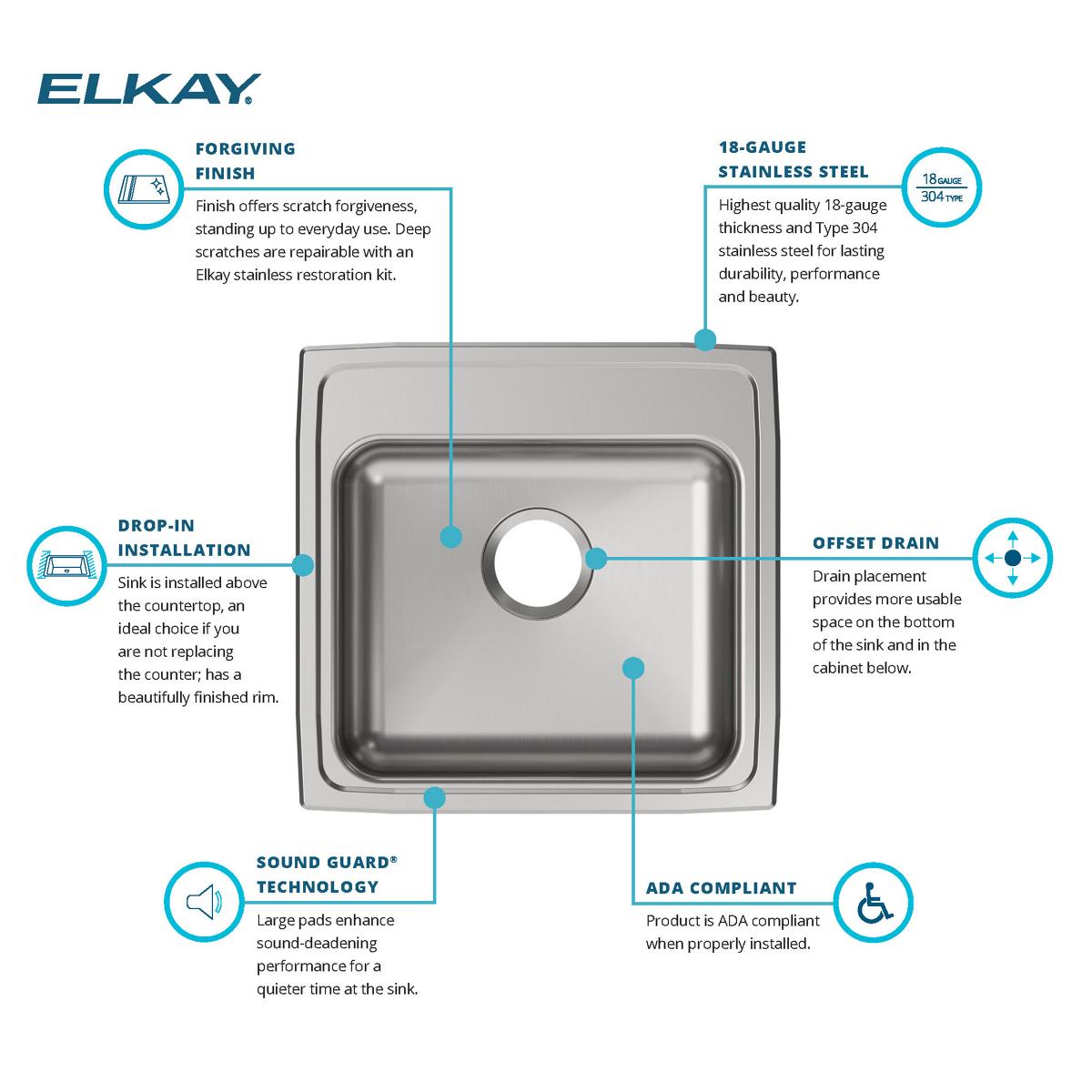 Elkay Lustertone Classic 20" Drop In/Topmount Stainless Steel ADA Kitchen Sink, Lustrous Satin, No Faucet Hole, LRAD1919500