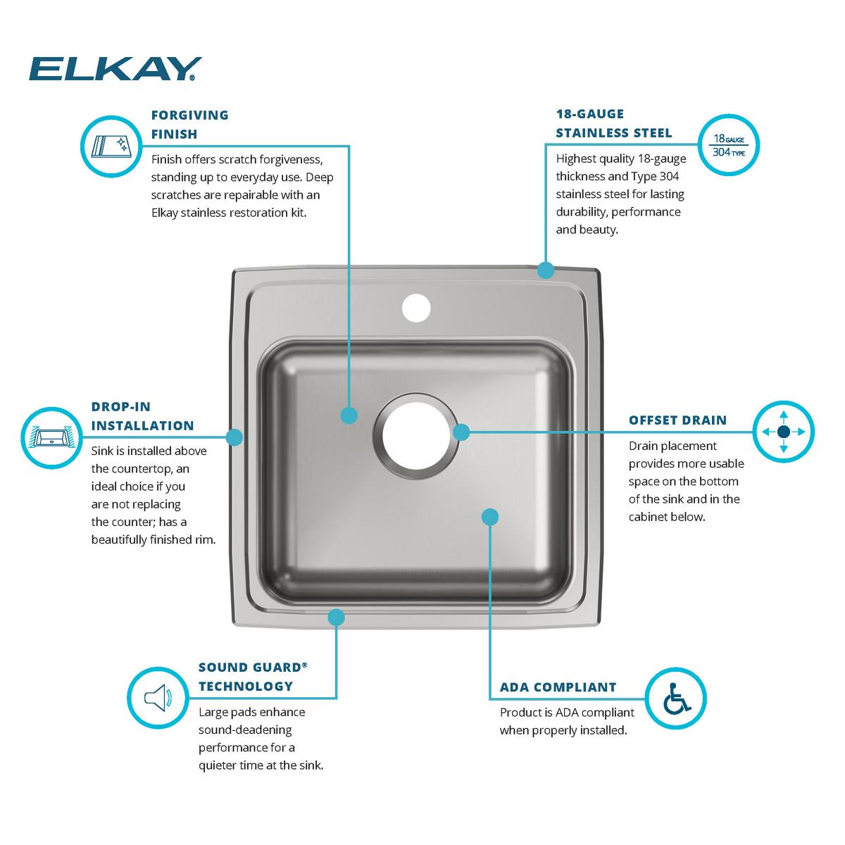 Elkay Lustertone Classic 20" Drop In/Topmount Stainless Steel ADA Kitchen Sink, Lustrous Satin, 1 Faucet Hole, LRAD1919501