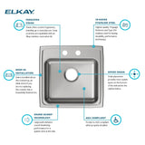 Elkay Lustertone Classic 20" Drop In/Topmount Stainless Steel ADA Kitchen Sink, Lustrous Satin, 2 Faucet Holes, LRAD1919502