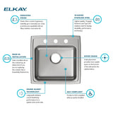 Elkay Lustertone Classic 20" Drop In/Topmount Stainless Steel ADA Kitchen Sink, Lustrous Satin, 3 Faucet Holes, LRAD1919503