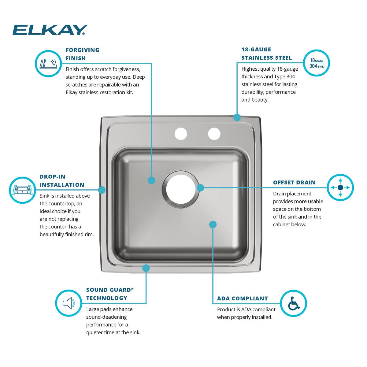 Elkay Lustertone Classic 20" Drop In/Topmount Stainless Steel ADA Kitchen Sink, Lustrous Satin, MR2 Faucet Holes, LRAD191950MR2