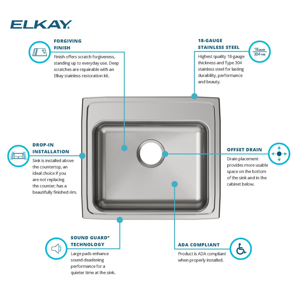 Elkay Lustertone Classic 22" Drop In/Topmount Stainless Steel ADA Kitchen Sink, Lustrous Satin, 18 Gauge, LRAD2219650