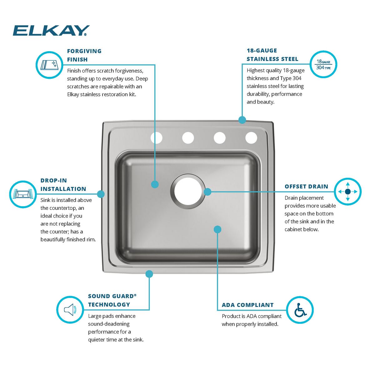 Elkay Lustertone Classic 22" Drop In/Topmount Stainless Steel ADA Kitchen Sink, Lustrous Satin, 4 Faucet Holes, LRAD2219654