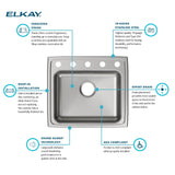 Elkay Lustertone Classic 22" Drop In/Topmount Stainless Steel ADA Kitchen Sink, Lustrous Satin, 5 Faucet Holes, LRAD2219655