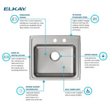 Elkay Lustertone Classic 22" Drop In/Topmount Stainless Steel ADA Kitchen Sink, Lustrous Satin, MR2 Faucet Holes, LRAD221965MR2