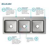 Elkay Lustertone Classic 54" Drop In/Topmount Stainless Steel Kitchen Sink, 33/33/33 Triple Bowl, Lustrous Satin, 18 Gauge, LTR5422100