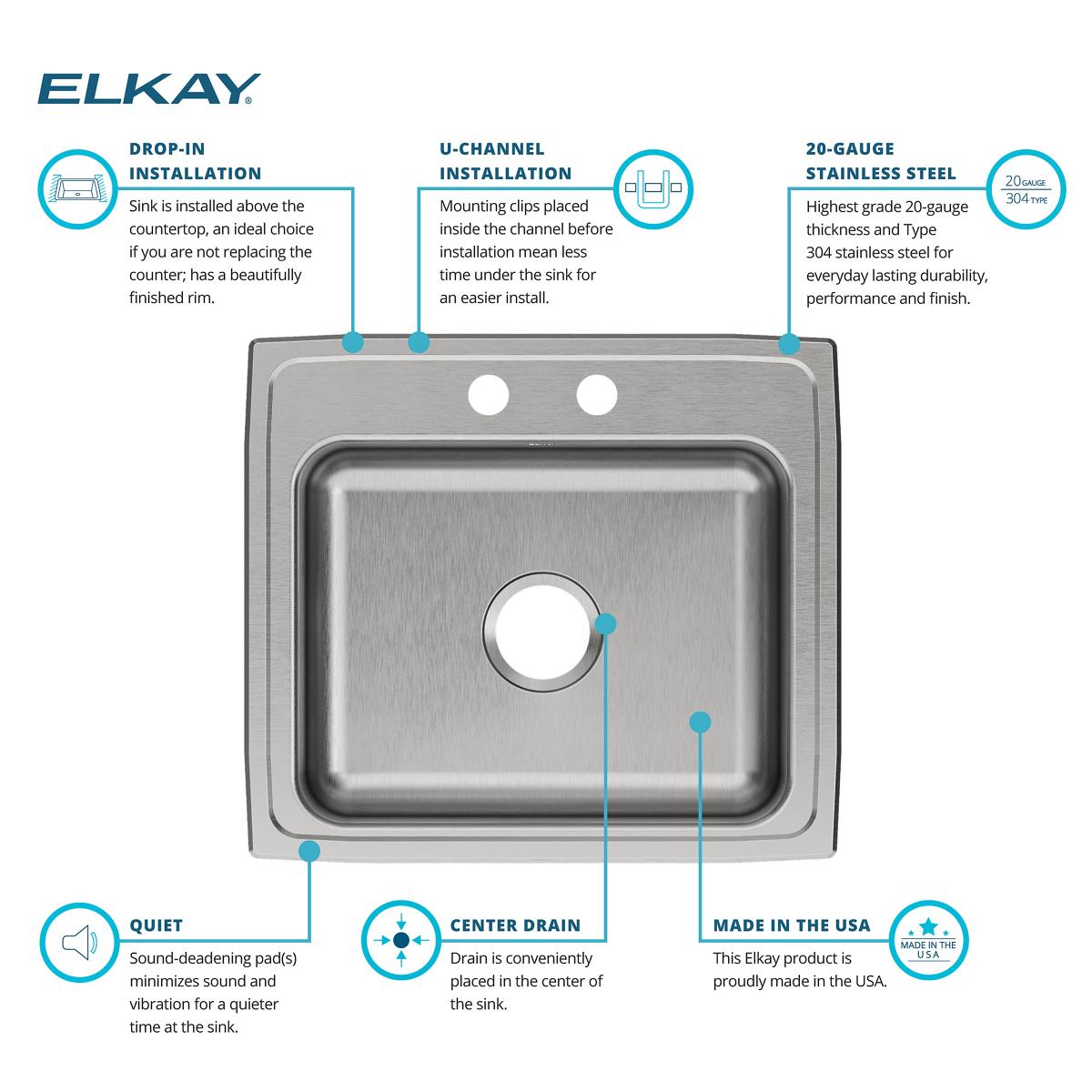 Elkay Celebrity 22" Drop In/Topmount Stainless Steel Kitchen Sink, Brushed Satin, 2 Faucet Holes, PSR22192