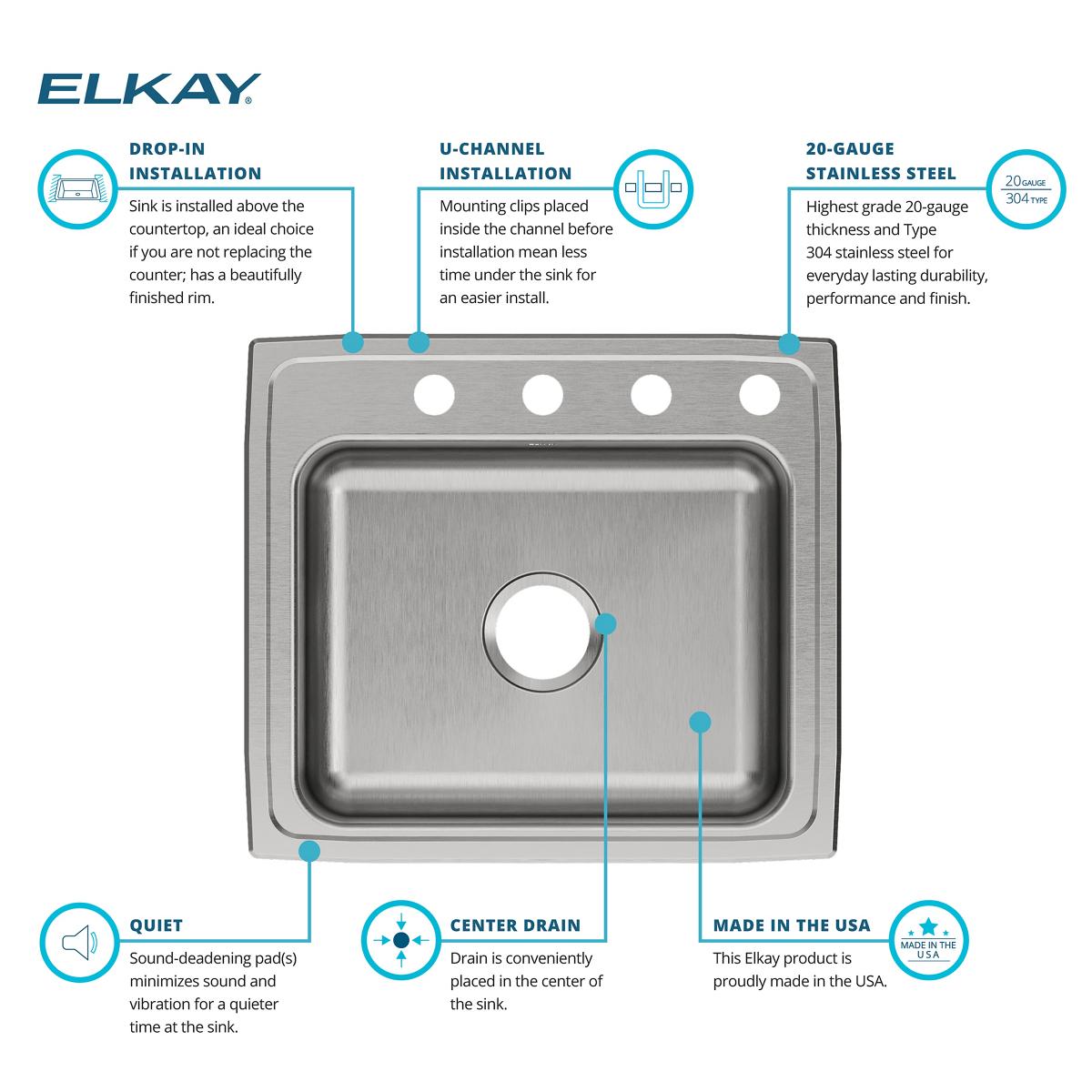 Elkay Celebrity 22" Drop In/Topmount Stainless Steel Kitchen Sink, Brushed Satin, 4 Faucet Holes, PSR22194