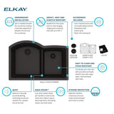 Elkay Quartz Classic 33" Undermount Quartz Kitchen Sink Kit, 60/40 Double Bowl, Black, ELGHU3322RBK0C