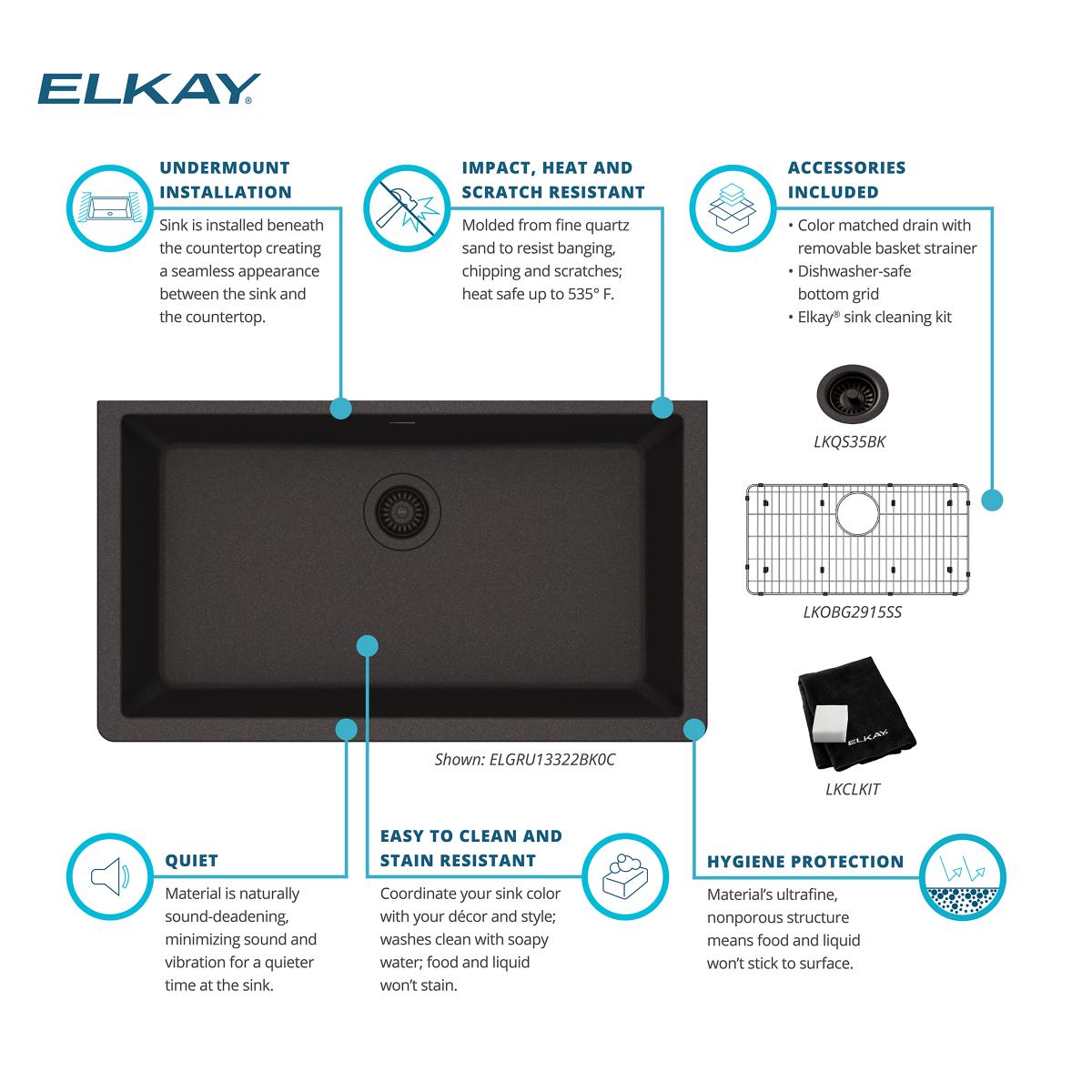 Elkay Quartz Classic 33" Undermount Quartz Kitchen Sink Kit, Black, ELGRU13322BK0C