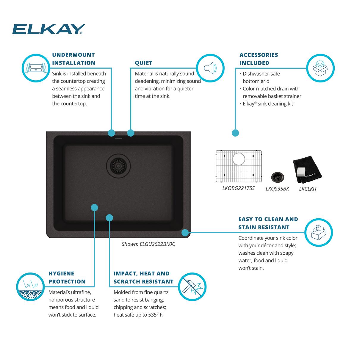 Elkay Quartz Classic 25" Undermount Quartz Kitchen Sink Kit, Black, ELGU2522BK0C