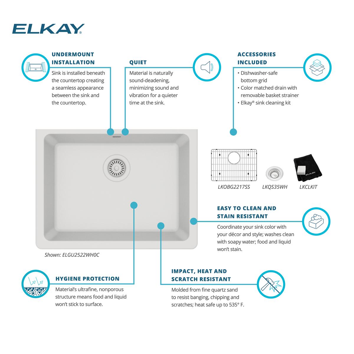 Elkay Quartz Classic 25" Undermount Quartz Kitchen Sink Kit, White, ELGU2522WH0C