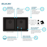 Elkay Quartz Classic 33" Undermount Quartz Kitchen Sink Kit, 50/50 Double Bowl, Black, ELGU3322BK0C