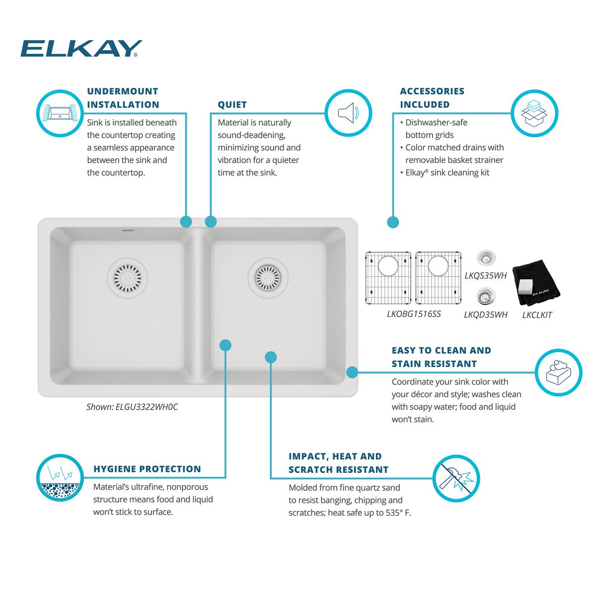 Elkay Quartz Classic 33" Undermount Quartz Kitchen Sink Kit, 50/50 Double Bowl, White, ELGU3322WH0C