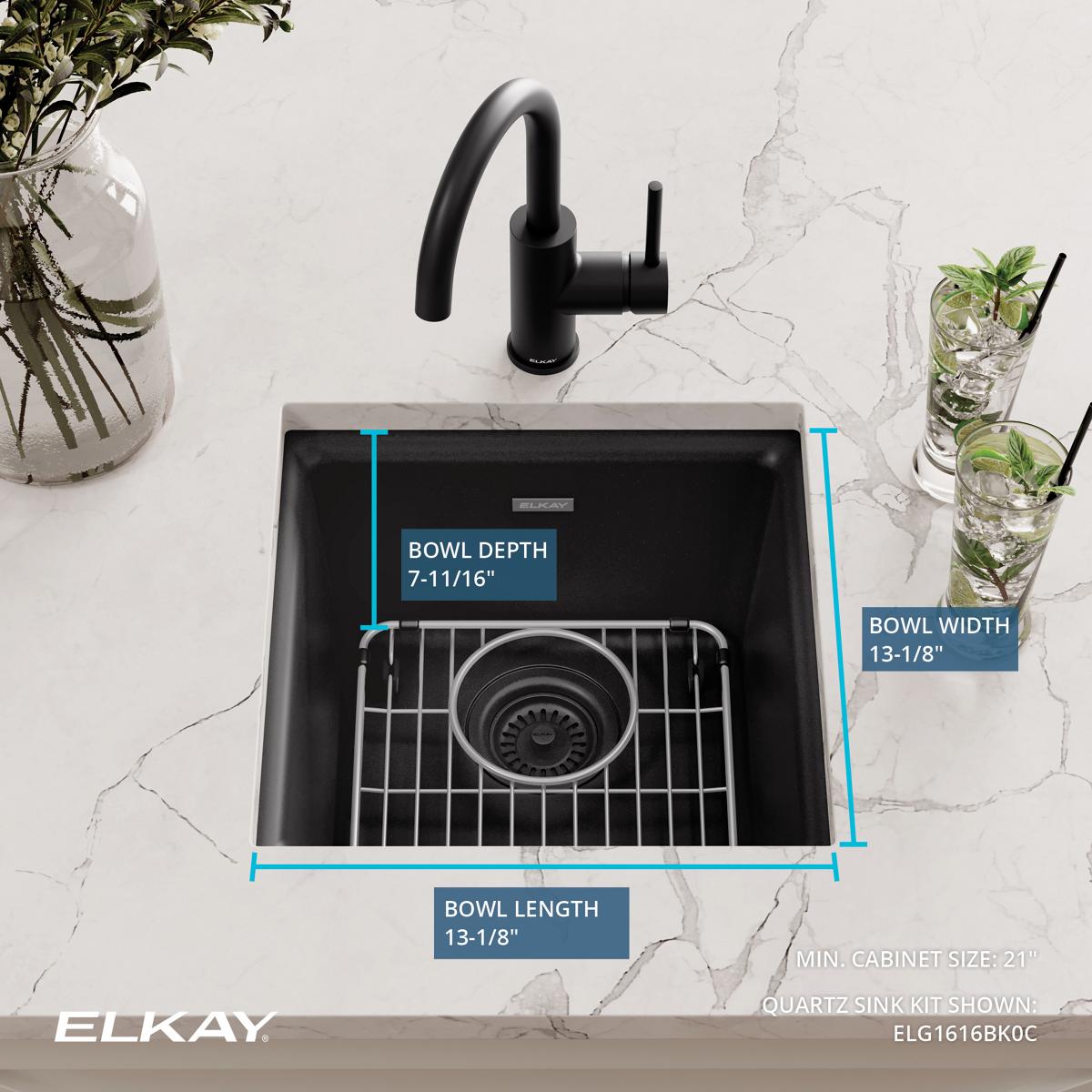Elkay Quartz Classic 16" Rectangular Quartz Bar/Prep Sink Kit, Black, ELG1616BK0C