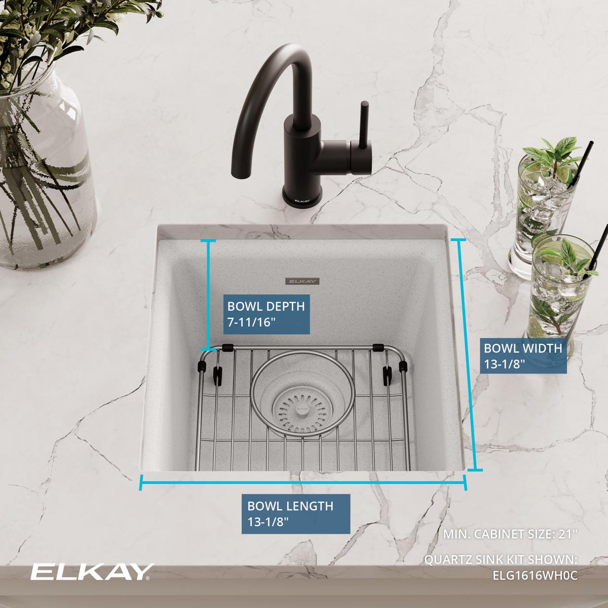 Elkay Quartz Classic 16" Rectangular Quartz Bar/Prep Sink Kit, White, ELG1616WH0C