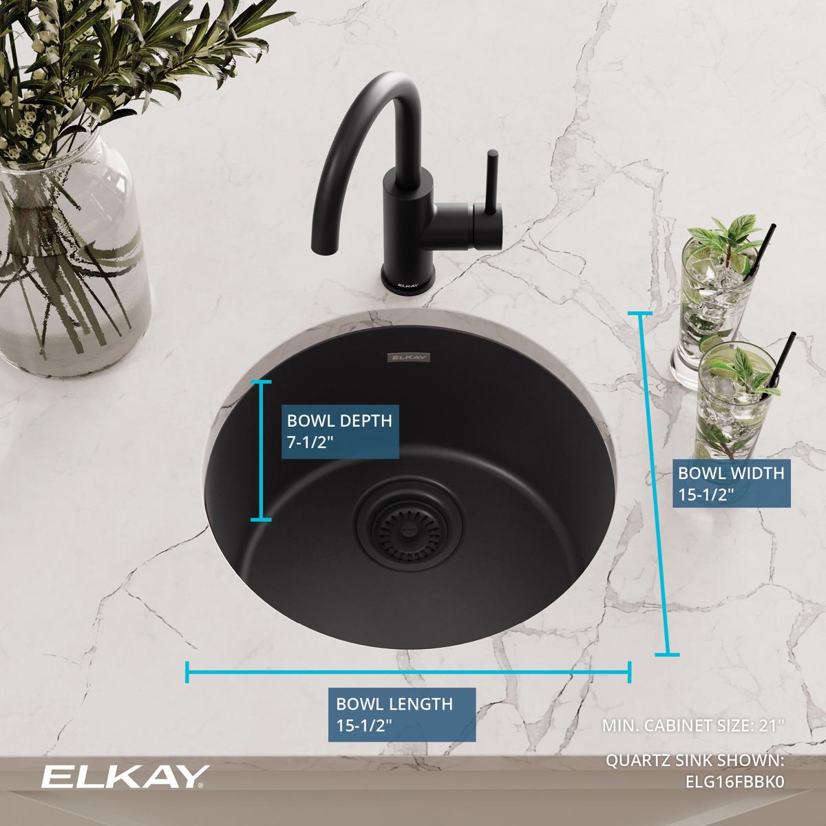 Elkay Quartz Classic 18" Dual Mount Quartz Kitchen Sink, Single Bowl, Black, ELG16FBBK0