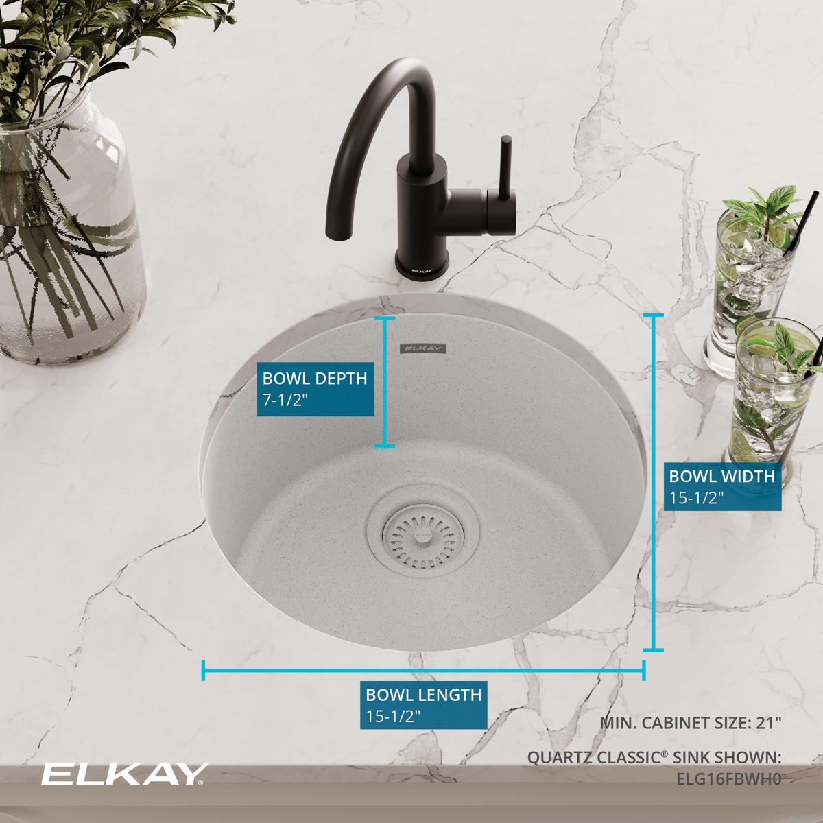 Elkay Quartz Classic 18" Dual Mount Quartz Kitchen Sink, Single Bowl, White, ELG16FBWH0