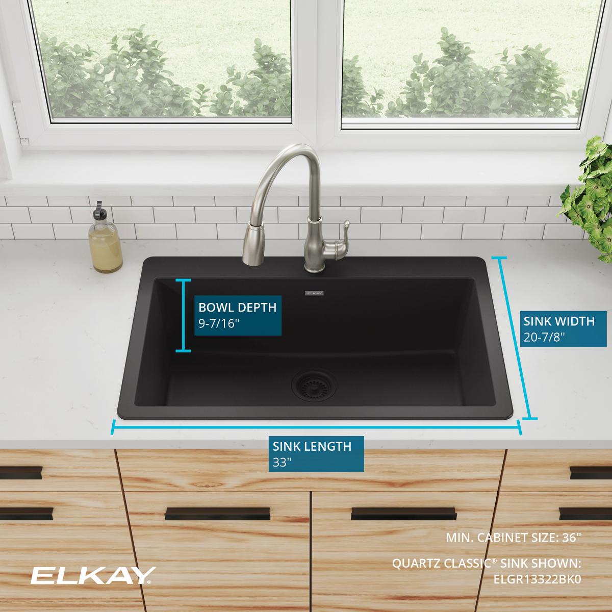 Elkay Quartz Classic 33" Drop In/Topmount Quartz Kitchen Sink, Black, 5 Pre-scored Faucet Holes, ELGR13322BK0
