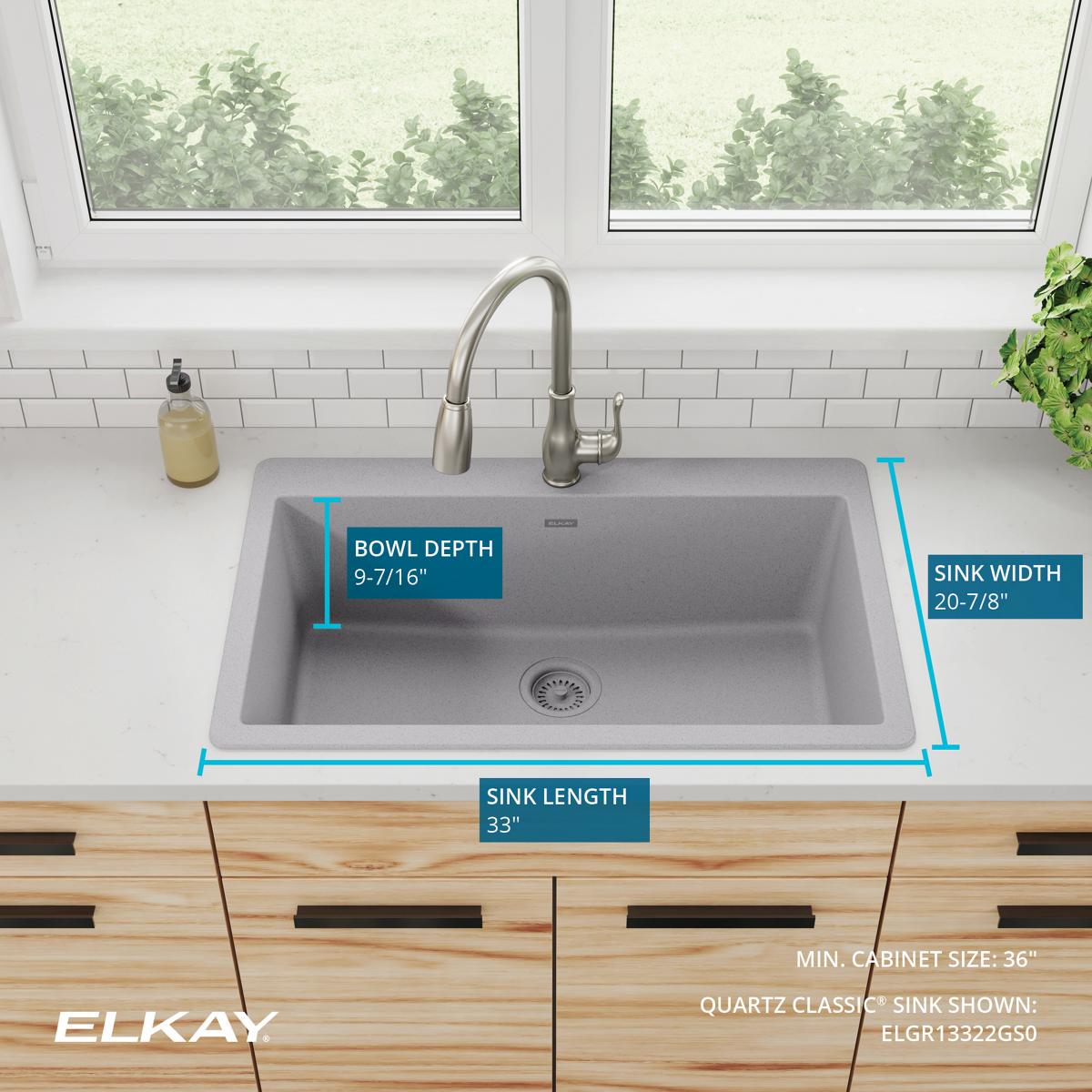 Elkay Quartz Classic 33" Drop In/Topmount Quartz Kitchen Sink, Greystone, 5 Pre-scored Faucet Holes, ELGR13322GS0