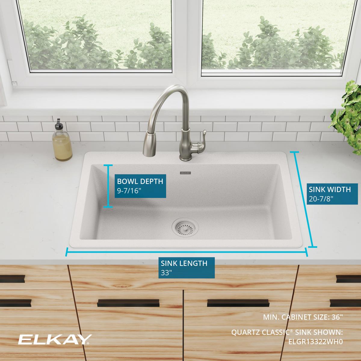 Elkay Quartz Classic 33" Drop In/Topmount Quartz Kitchen Sink, White, 5 Pre-scored Faucet Holes, ELGR13322WH0