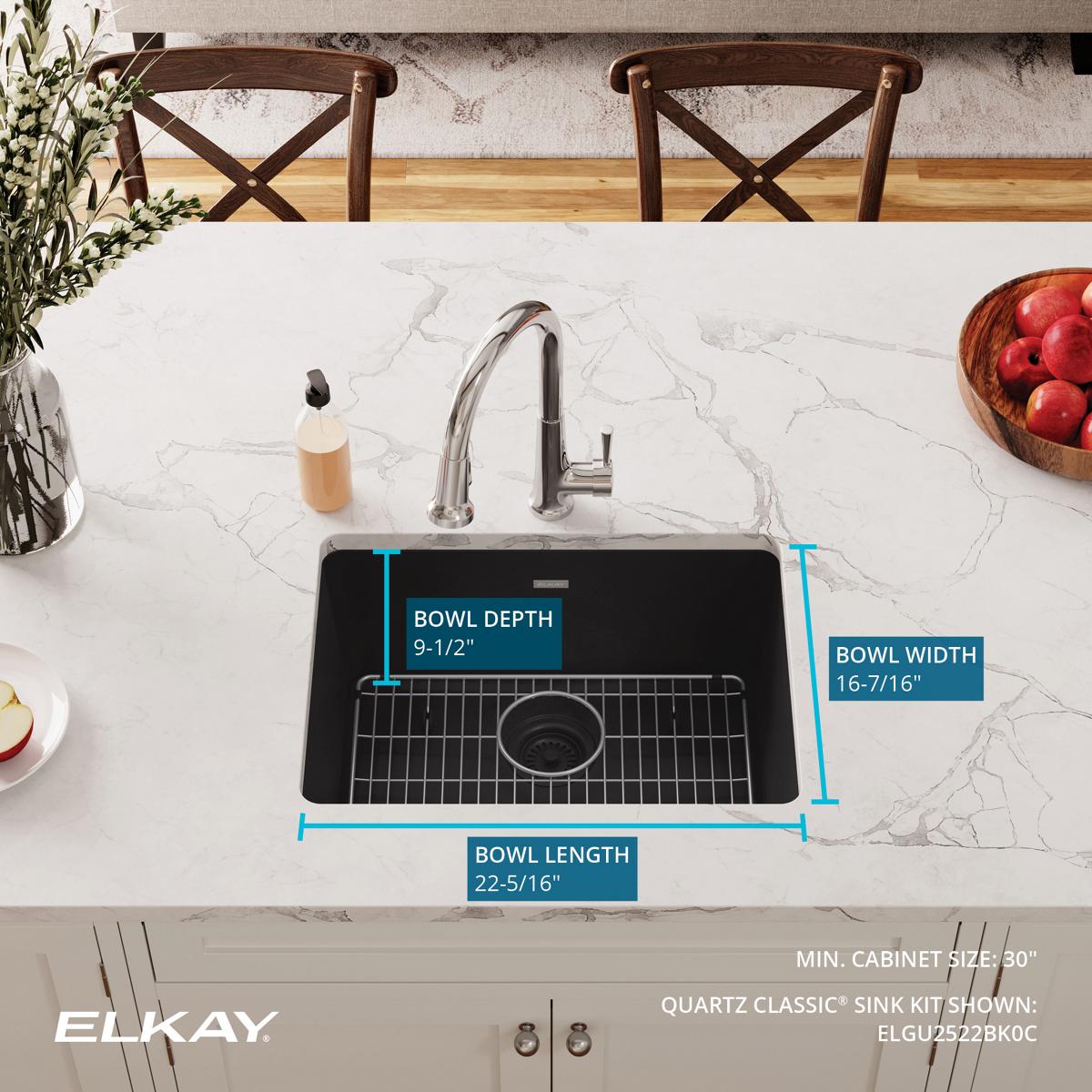 Elkay Quartz Classic 25" Undermount Quartz Kitchen Sink Kit, Black, ELGU2522BK0C